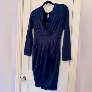 Long sleeve, faux wrap, navy cocktail dress